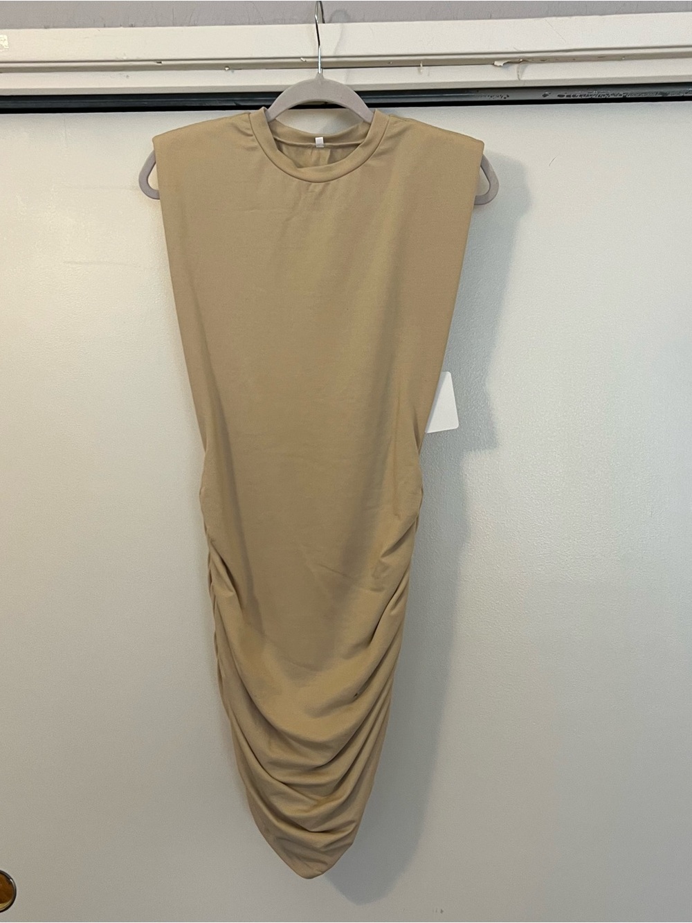 Amazon Sleeveless Ruched Midi Dress in Taupe
